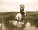 Cheyenne Indian wearing headdress riding a white stallion at a stream