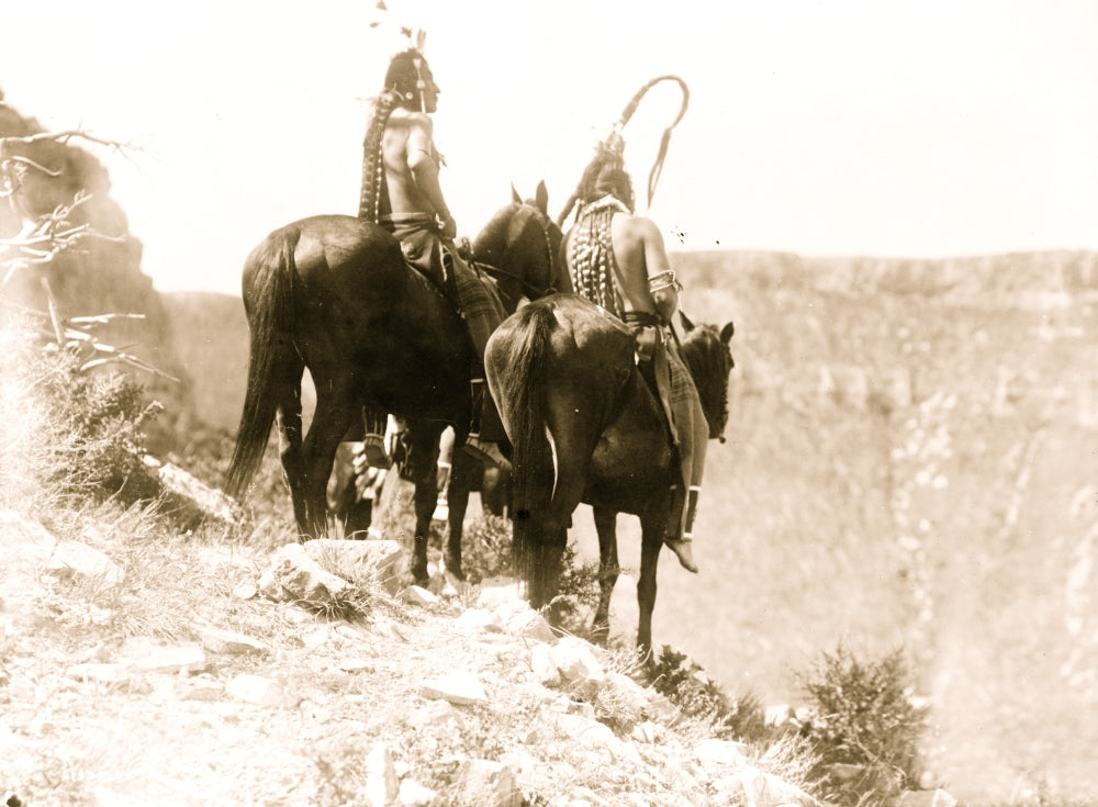 Packs The Hat and Which Way poster print featuring Crow Indians on horseback.