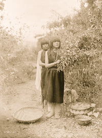Two Tewa Girls Picking Fruit Poster Print featuring vibrant cultural imagery.