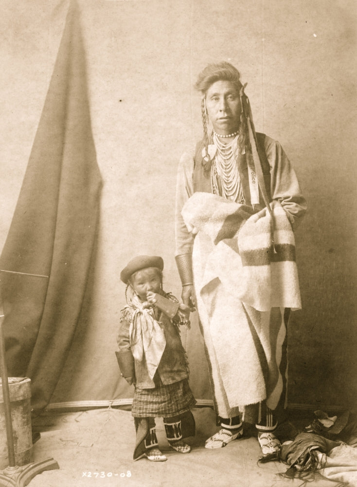 Full-length portrait of a Crow man and child poster print