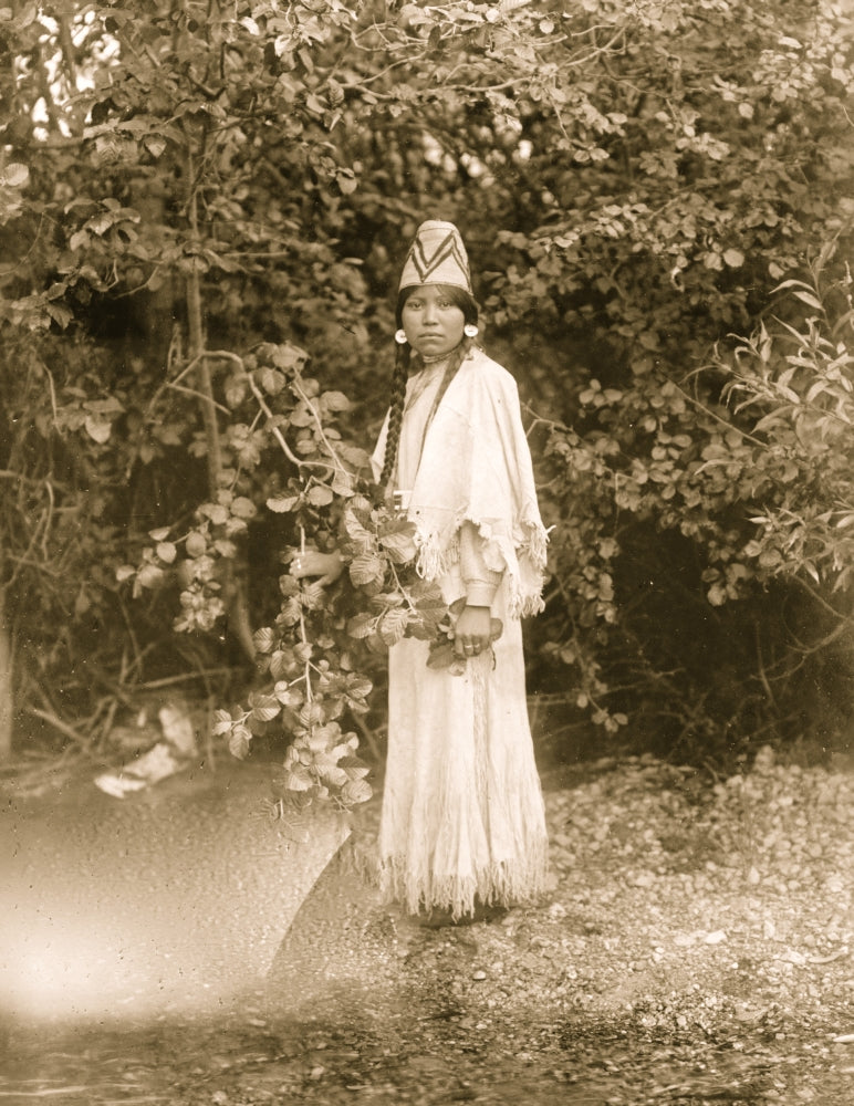 Nespelim Woman at Water's Edge Poster Print featuring serene nature scene.
