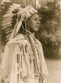 Half-length portrait of Umatilla youth in full feather headdress and beaded shirt.