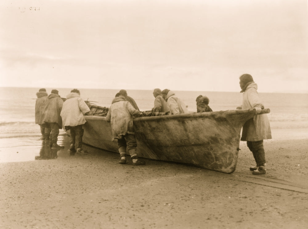 Eskimos launching whale boat poster print, Arctic culture art.