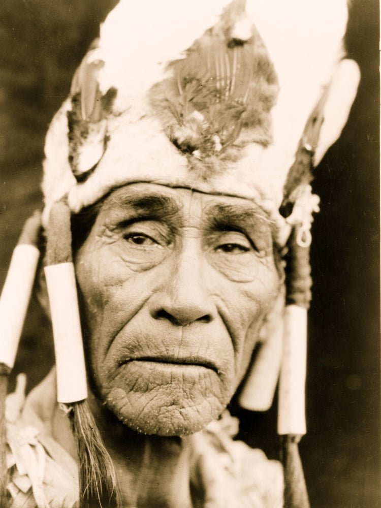 Klamath Man Bust Portrait Poster Print featuring a front-facing man in a traditional headdress.