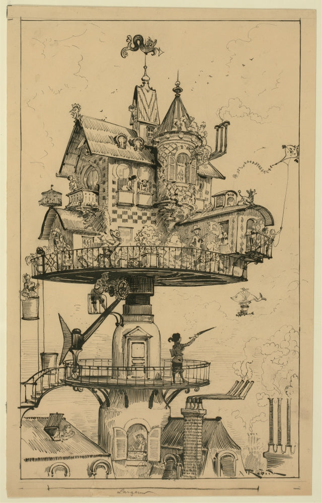 Futuristic dwelling structure concept poster print featuring an airship and unique architectural design.