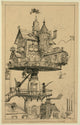 Futuristic dwelling structure concept poster print featuring an airship and unique architectural design.