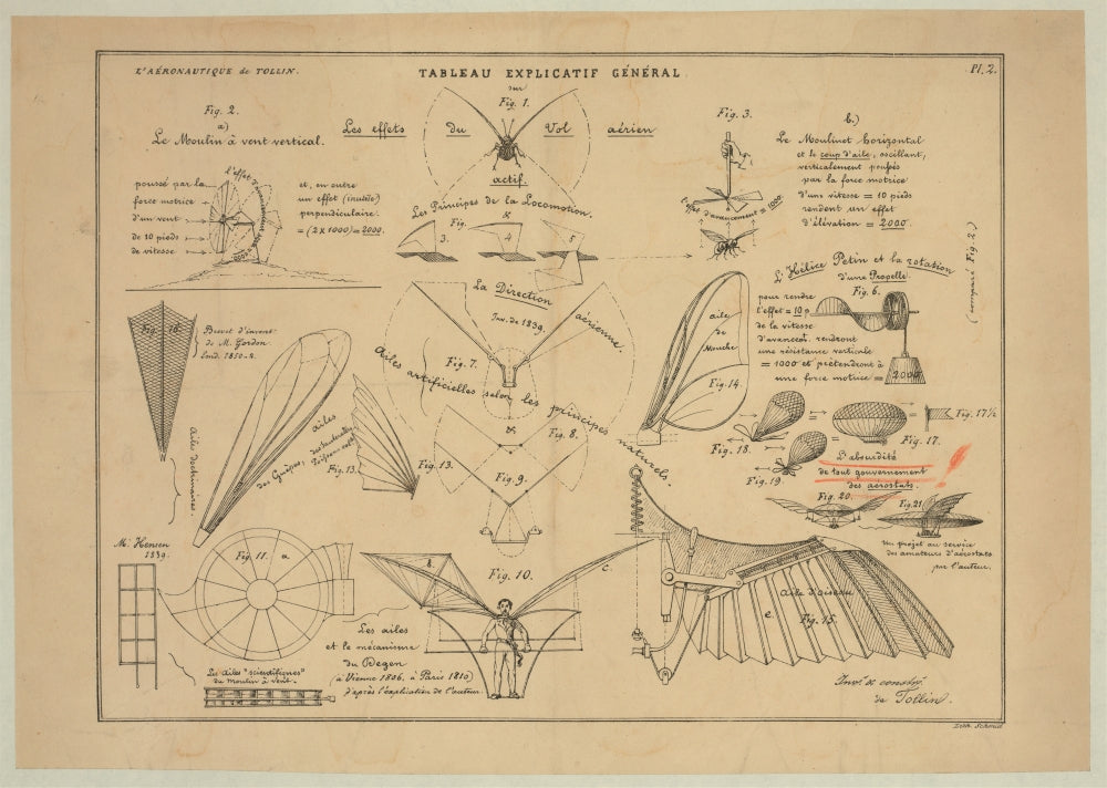 Aeronautics technical illustration poster featuring figures on insect flight, wing design, propellers, parachutes, and airships.