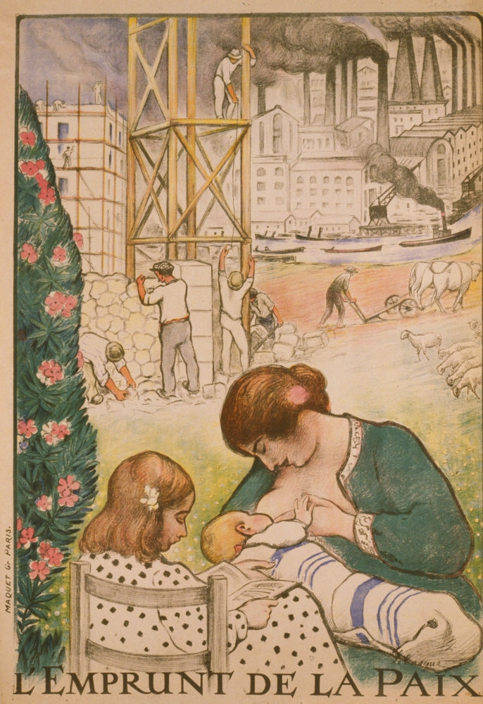 Nurturing Mother and Child Poster Print depicting a mother nursing her baby with a child reading nearby.