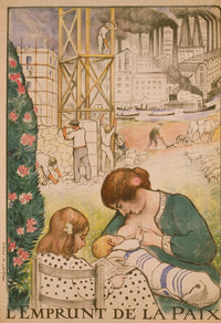Nurturing Mother and Child Poster Print depicting a mother nursing her baby with a child reading nearby.