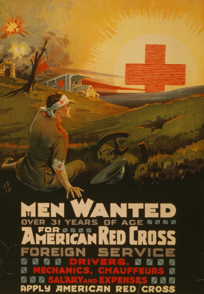 Wounded Soldier Looking to the Horizon Poster Print featuring Red Cross ambulance and emblem.