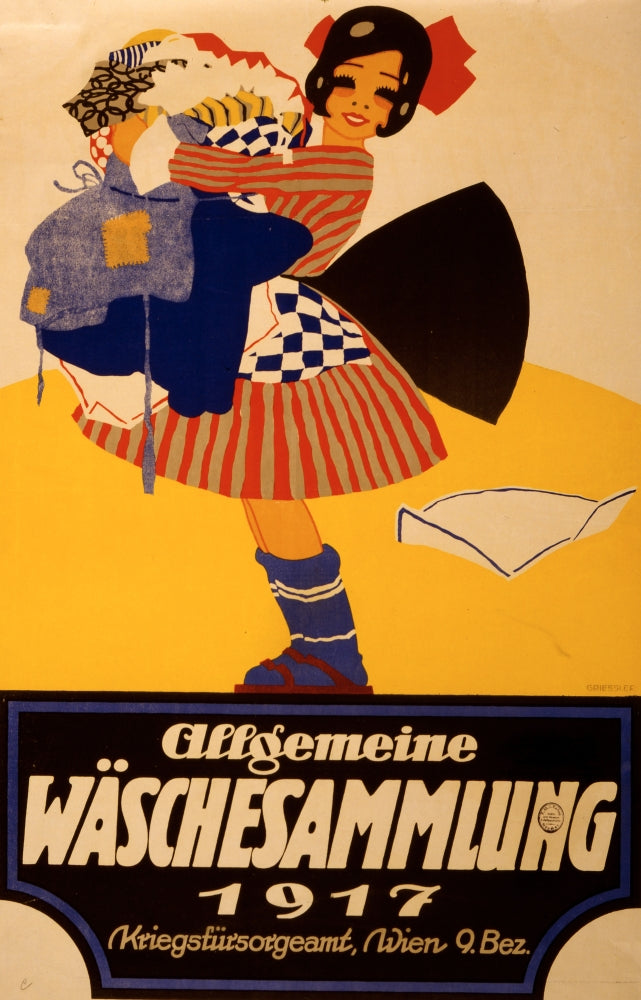 Charming poster print of a girl holding a bundle of laundry.