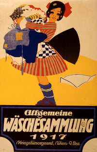 Charming poster print of a girl holding a bundle of laundry.