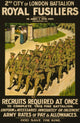 Poster print of a battalion marching down a lane with women by a gate waving.