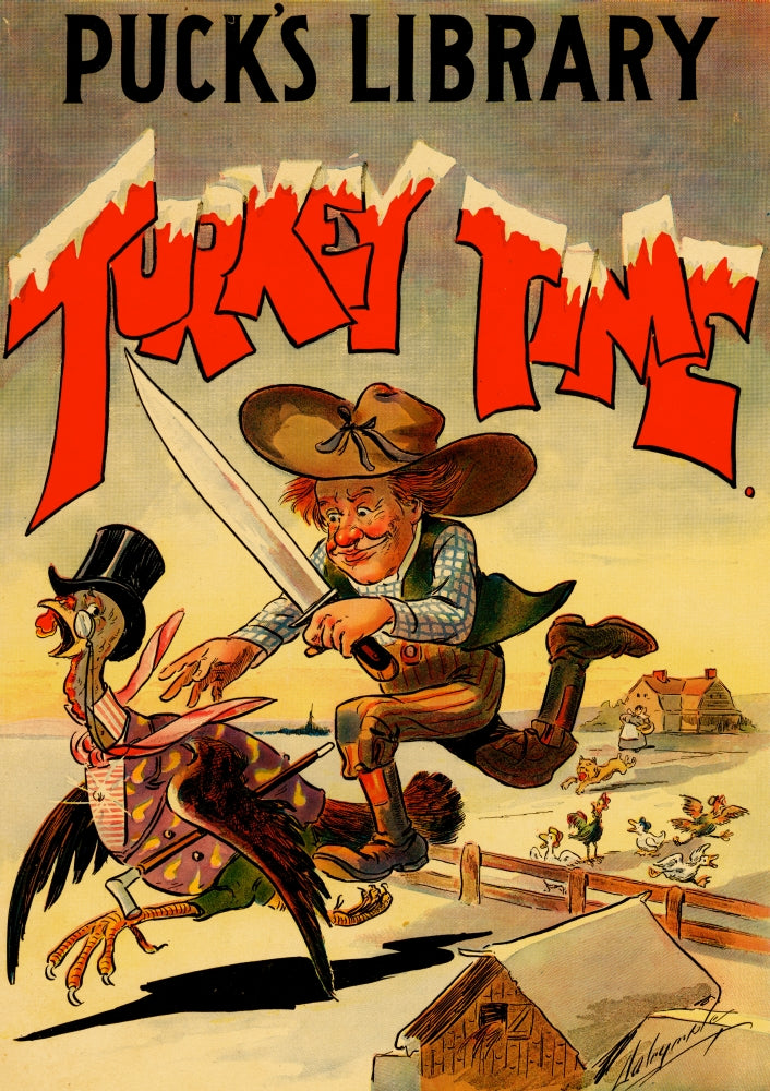 Whimsical poster print of a Western farmer chasing a turkey in a top hat.