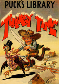 Whimsical poster print of a Western farmer chasing a turkey in a top hat.