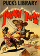 Whimsical poster print of a Western farmer chasing a turkey in a top hat.