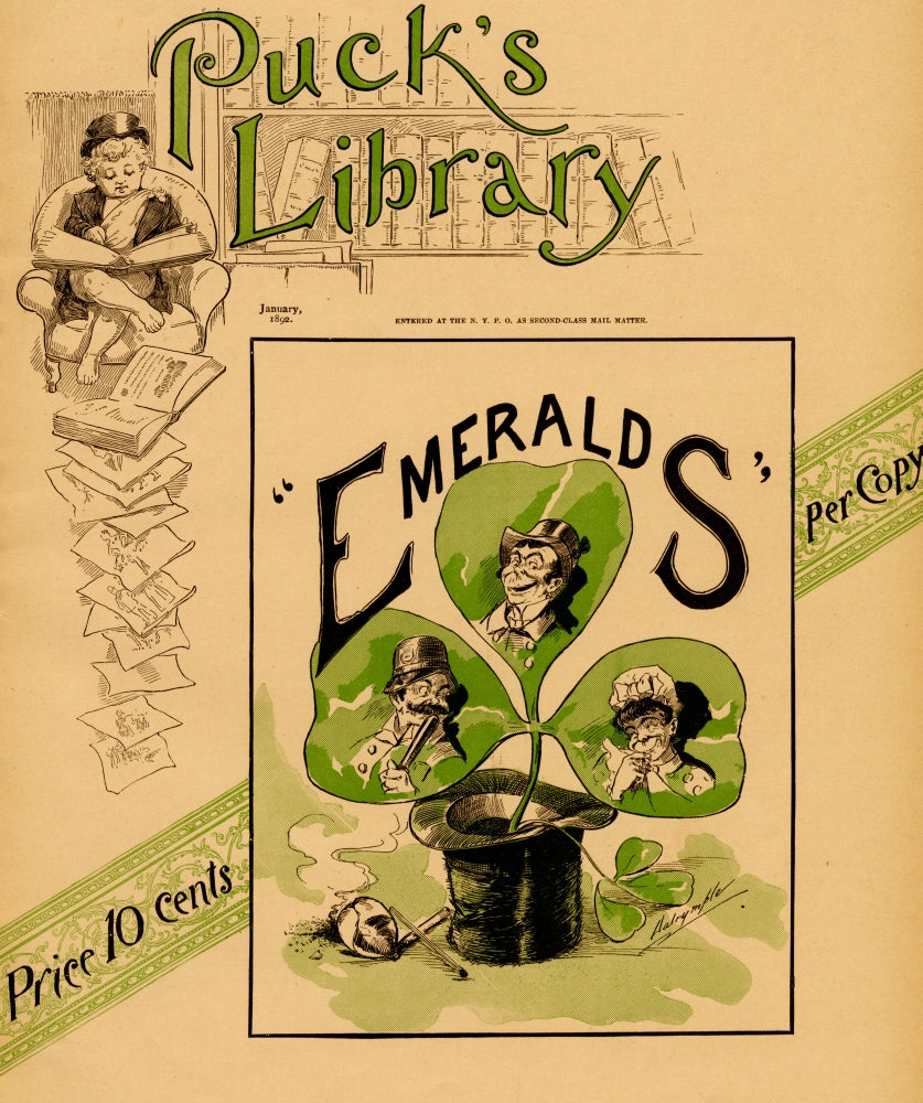 Irish Immigrant Caricature Poster Print featuring a three-leaf clover design with caricatures.