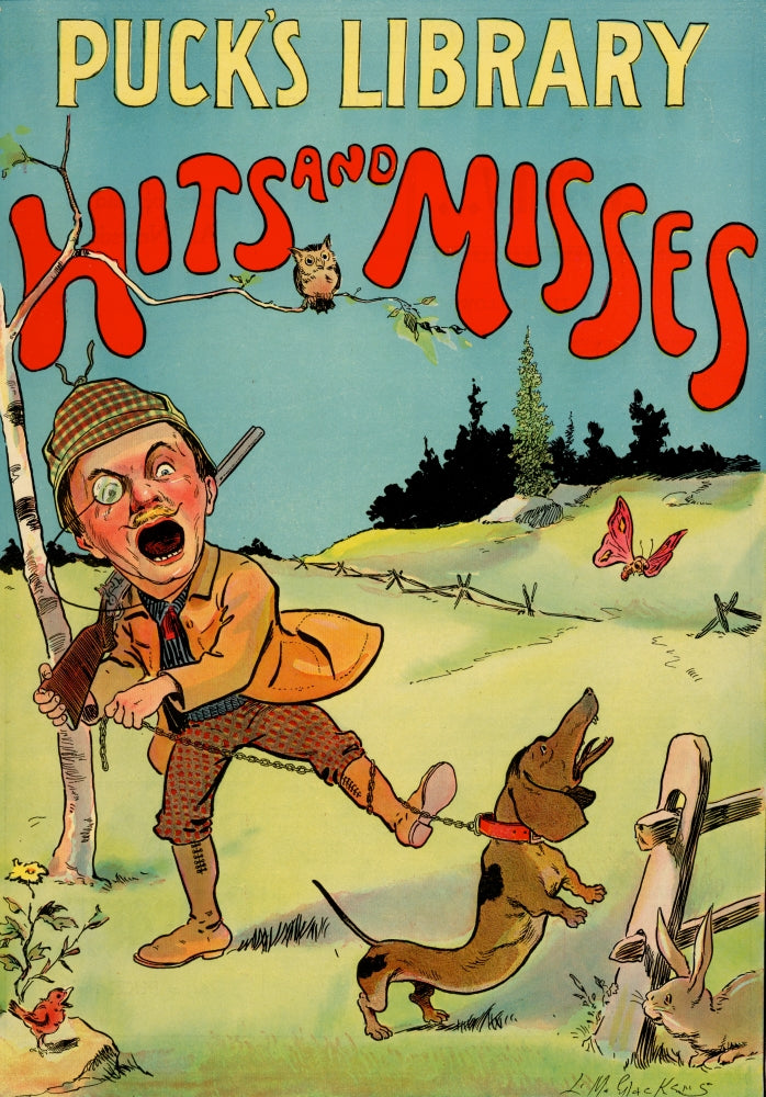 Hunter entangled with Dachshund on chain leash chasing butterfly poster print.
