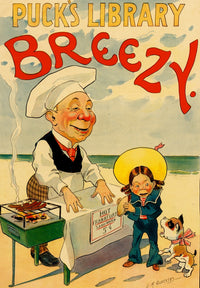 Vendor on the beach serving hot dogs poster print with a dog waiting for food.