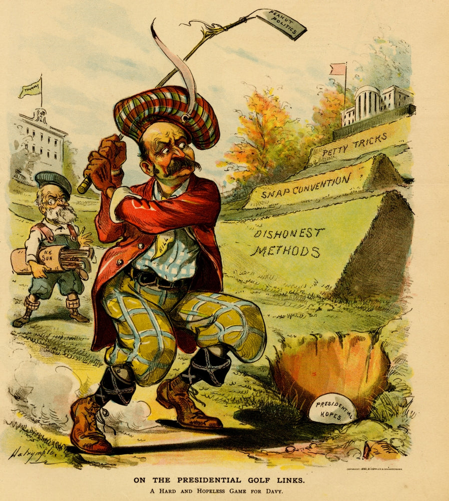 Peanut Politics Political Satire Poster Print featuring a golfer swinging an iron.