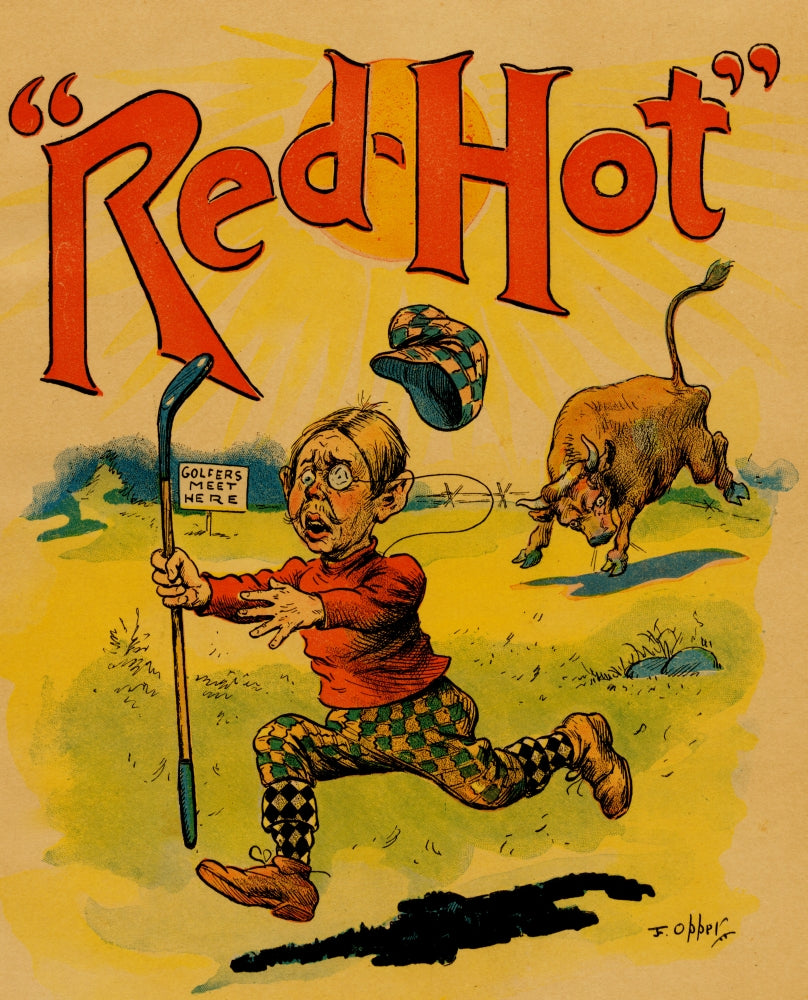 Horned bull chasing golfer on golf course poster print