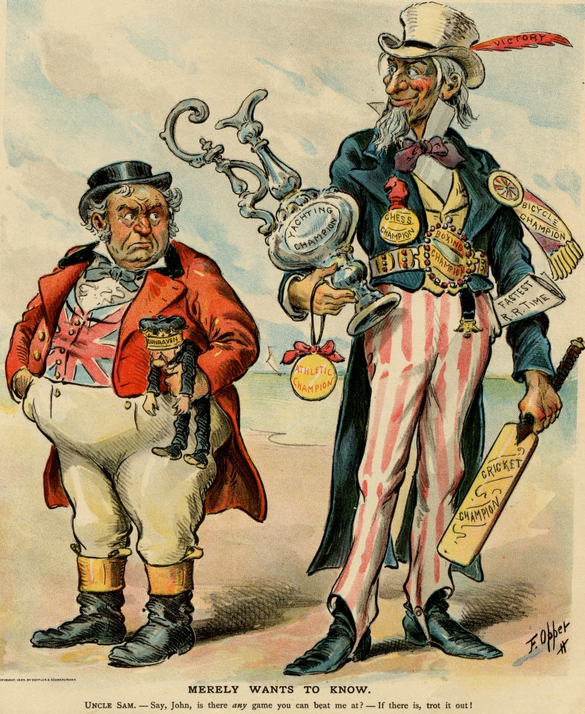 Uncle Sam and John Bull poster print showcasing athletic trophies
