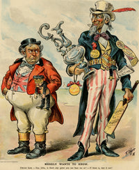 Uncle Sam and John Bull poster print showcasing athletic trophies