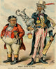 Uncle Sam and John Bull poster print showcasing athletic trophies