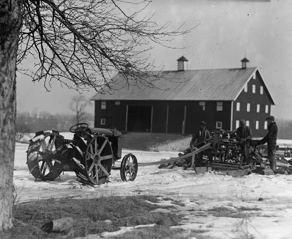 Farmer Drives Ford Tractor in Yard Poster Print