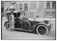 Fancy lady with chauffeur-driven limousine and dog in car poster print.