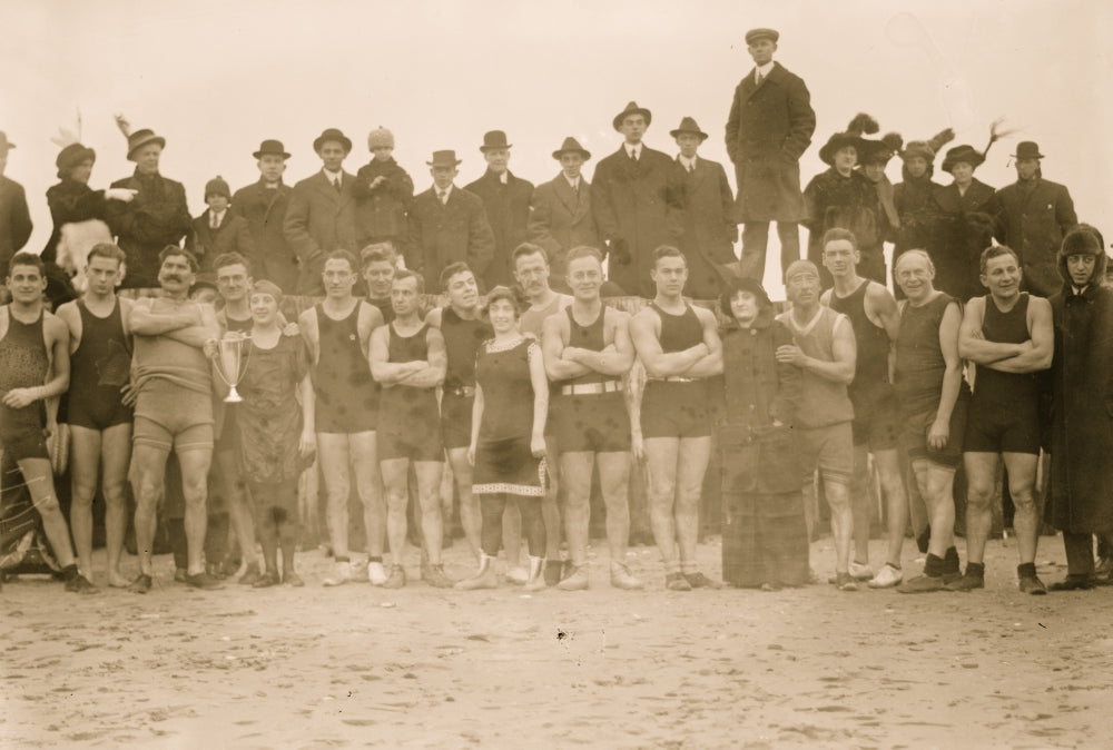 Swimmer at Coney Island with Trophy Poster Print showcasing summer nostalgia