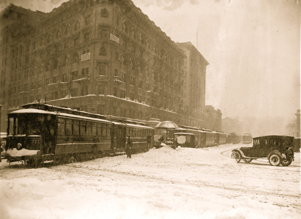 Washington DC Blizzard of 1922 Poster Print featuring trolleys stuck in snow.
