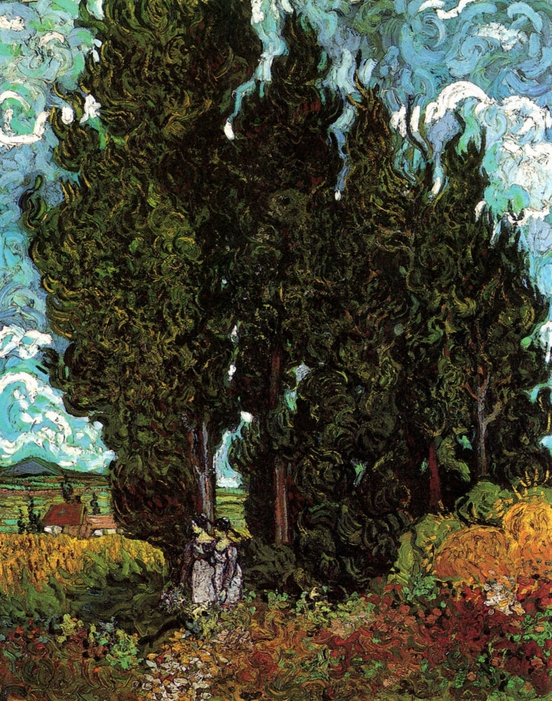 Cypresses with Two Female Figures Art Print - Beautiful landscape art featuring cypress trees and figures.