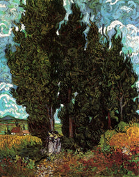 Cypresses with Two Female Figures Art Print - Beautiful landscape art featuring cypress trees and figures.