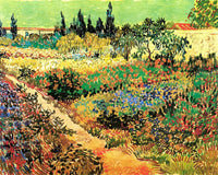 Flowering Garden with Path Poster Print showcasing vibrant blooms and lush greenery.