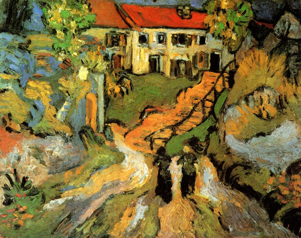 Village Street and Steps in Auvers with Two Figures Poster Print