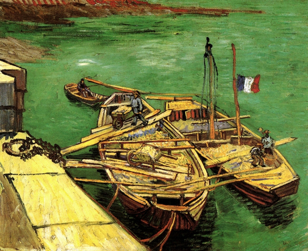 Quay with Men Unloading Sand Barges Poster Print showcasing coastal life and industrious workers.