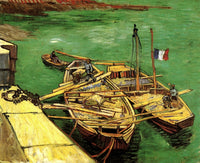 Quay with Men Unloading Sand Barges Poster Print showcasing coastal life and industrious workers.