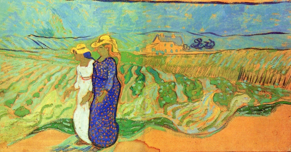 Two Women Crossing the Fields Poster Print showcasing serene countryside life.