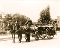 Stationary fire engine drawn by two horses poster print