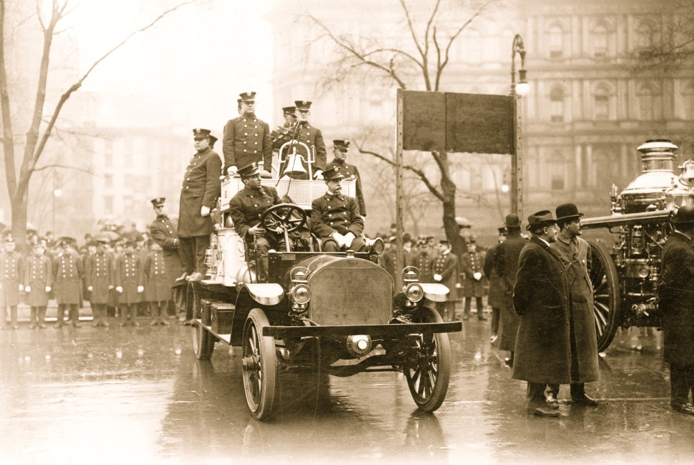 Firemen with fire engine in New York City poster print