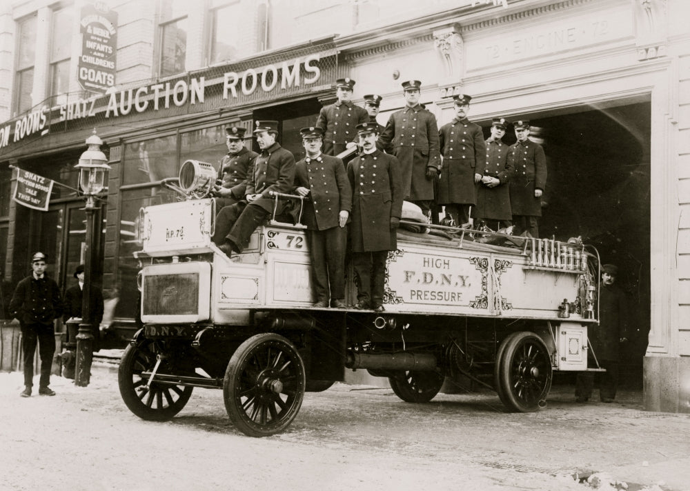 Firemen Posed on Fire Engine Poster Print featuring New York City.