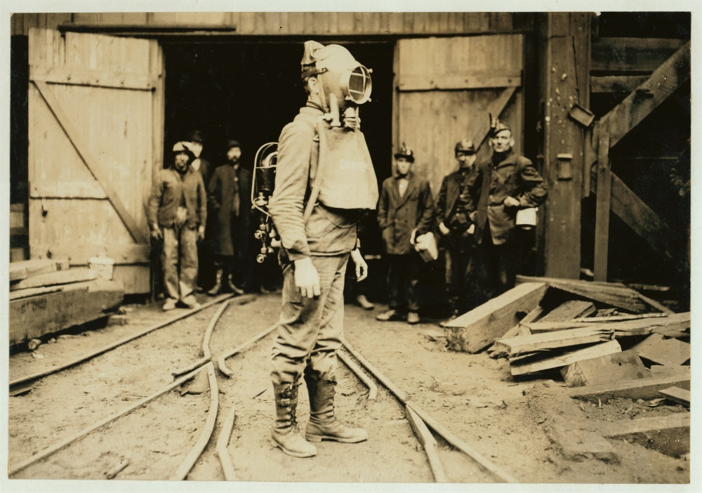 First Aid to the Injured Man with Draeger Oxygen Helmet Poster Print