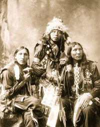 Poster of three young Indian men in native accessories, celebrating Sioux culture.