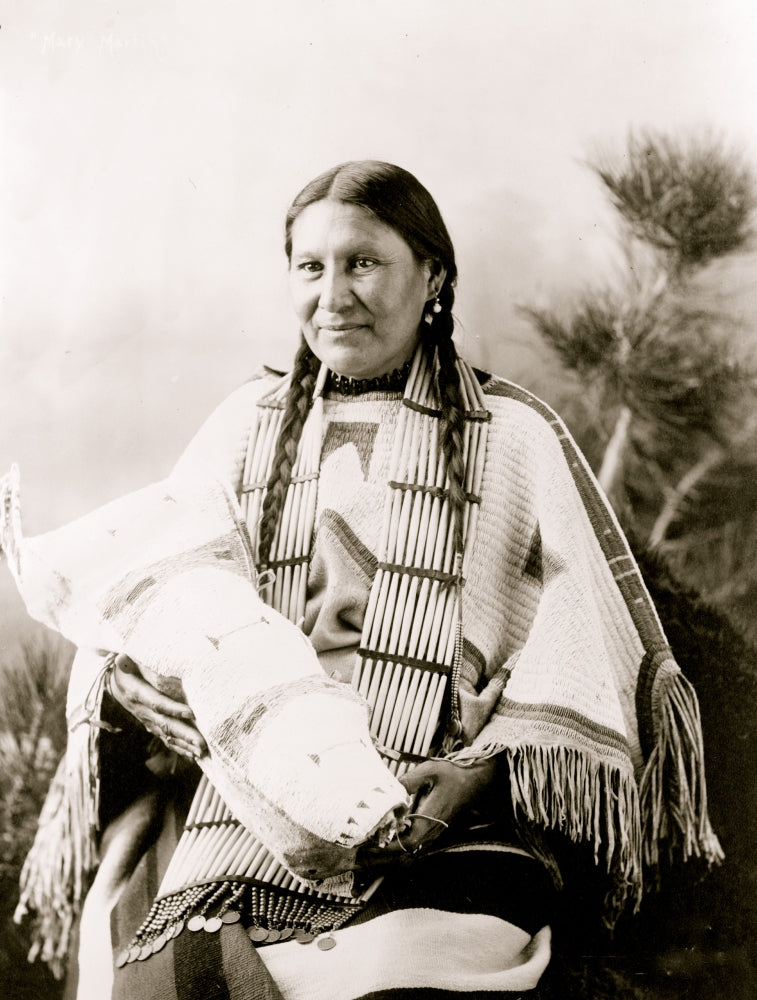 Mary Martin three-quarter length portrait print, Indian woman holding cradleboard.