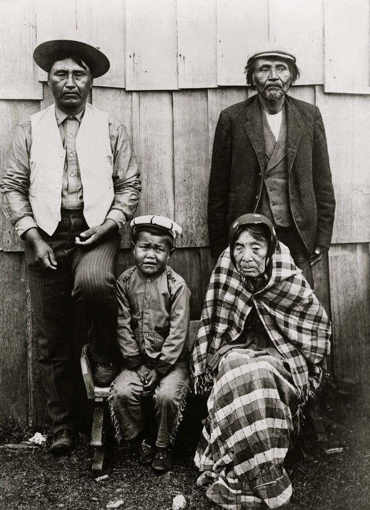 Four Coast Salish Indians poster print featuring William Mason, Chief Taxolah, Harry Mason, and an elderly woman.