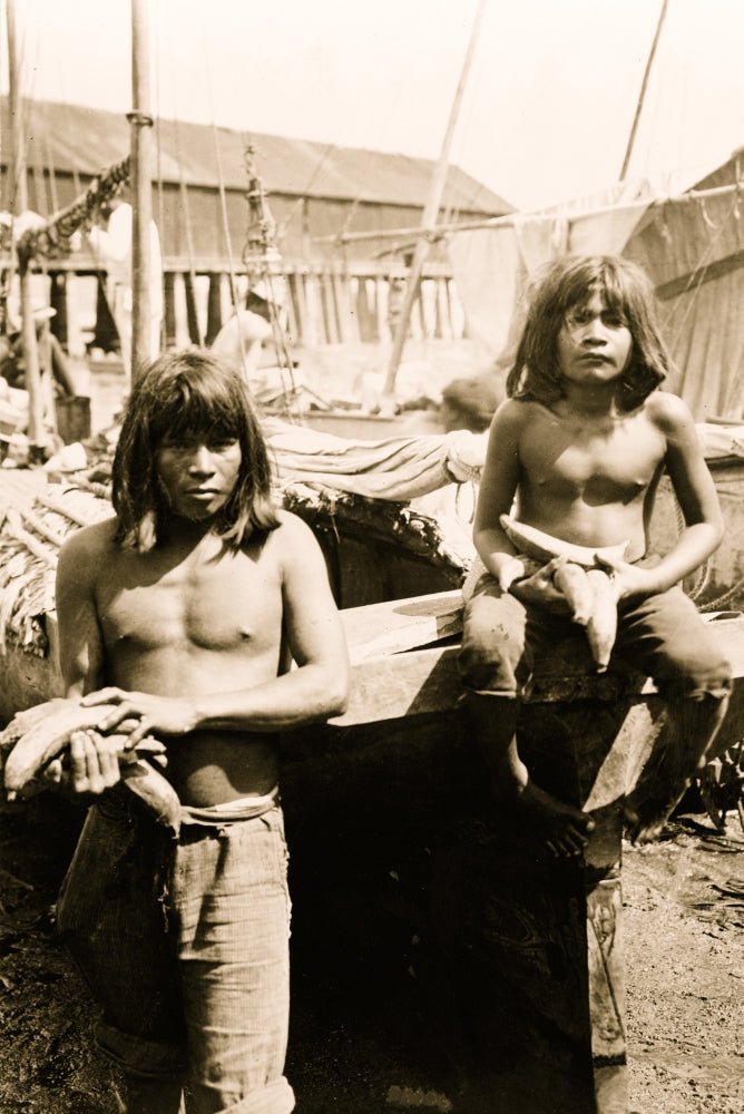 Poster of two young Indian men holding fresh produce, cultural art print.