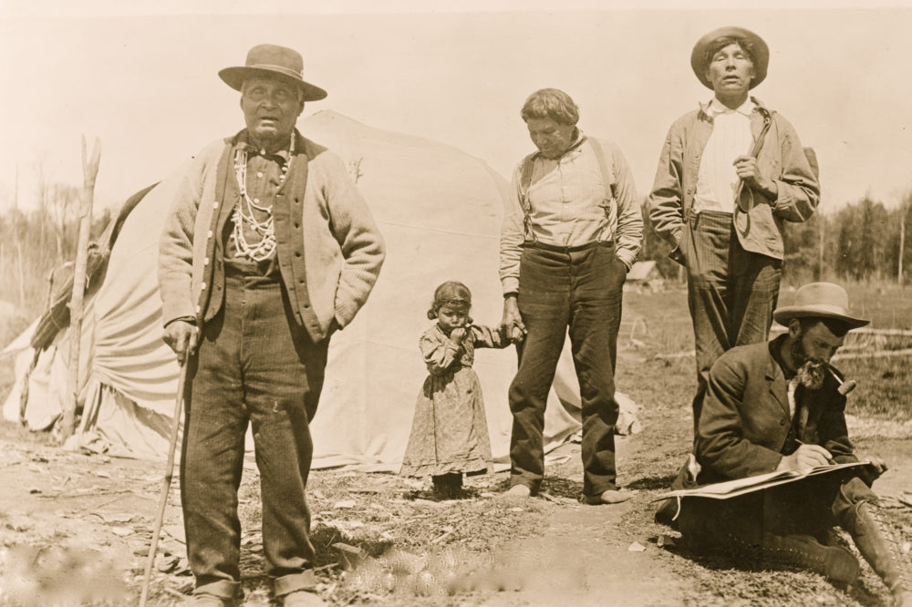 Poster print of a man taking the U.S. Census with Winnebago Indians in front of a tent.