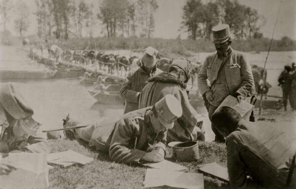 Austrian Staff Studying Maps Poster Print showcasing historical cartography.