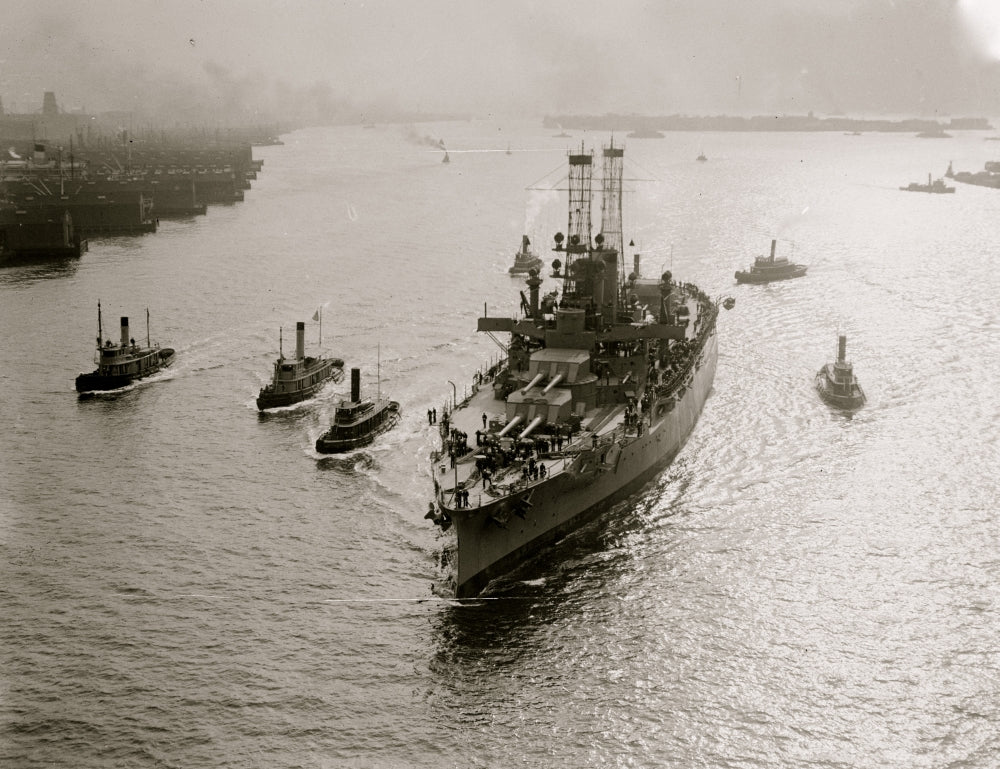 USS Wyoming Battleship sailing under the Brooklyn Bridge poster print